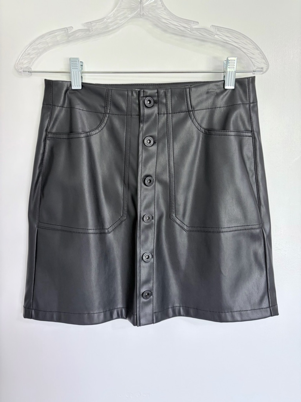 Jessica Simpson Black Faux Leather Button-Front Mini Skirt